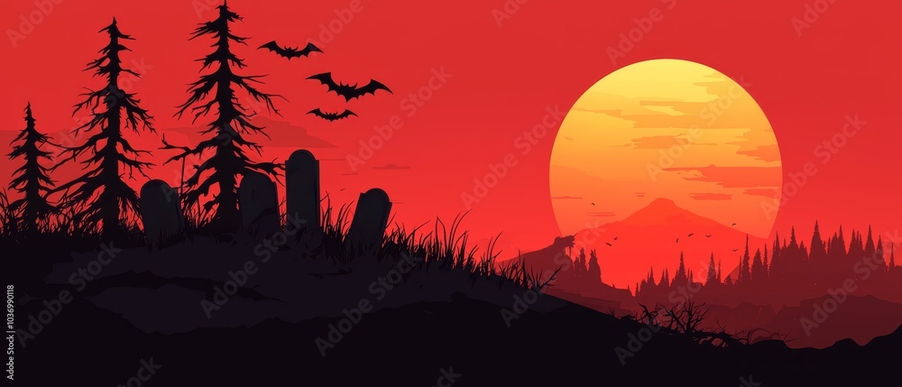 bats fly above, cemetery and forested trees in foreground bats fly above, cemetery and forested trees in foreground