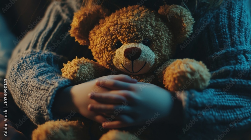 Embracing Comfort: A Child's Tender Moment with Their Beloved Teddy Bear Under Soft, Mellow Lighting Embracing Comfort: A Child's Tender Moment with Their Beloved Teddy Bear Under Soft, Mellow Lighting