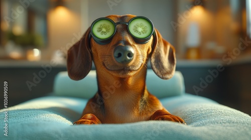 3d image of a dachshund dog laying with his belly up on a massage bed on a spa with cucumber slices covering his eyes, relaxing atmosphere, hyper realistic