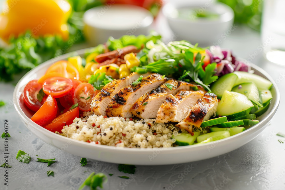 A plate of food with a variety of vegetables and chicken A plate of food with a variety of vegetables and chicken