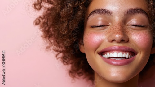 A woman with curly hair and freckles laughs with her eyes closed, her radiant smile captures the essence of happiness and carefree moments.