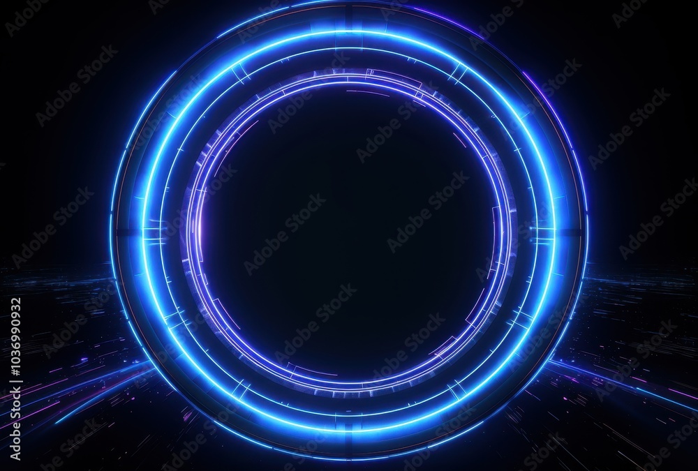 Glowing Blue and Purple Circular Neon Light with Streaks of Light in the Foreground Glowing Blue and Purple Circular Neon Light with Streaks of Light in the Foreground