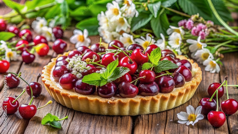 Delicate cherry tart adorned with fresh juicy cherries, sprigs of greenery, and petite flowers rests on a rustic wooden table, evoking warm summer afternoon feelings. Delicate cherry tart adorned with fresh juicy cherries, sprigs of greenery, and petite flowers rests on a rustic wooden table, evoking warm summer afternoon feelings.