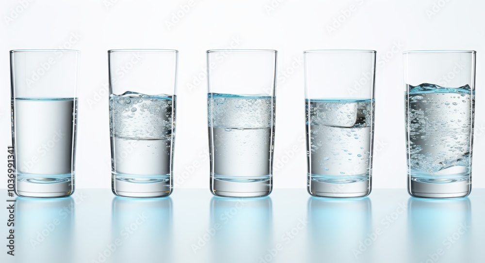 Five Glass Tumblers Filled With Varying Amounts of Water