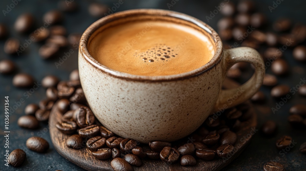 A cup of coffee inside a pile of coffee beans. A cup of coffee inside a pile of coffee beans.