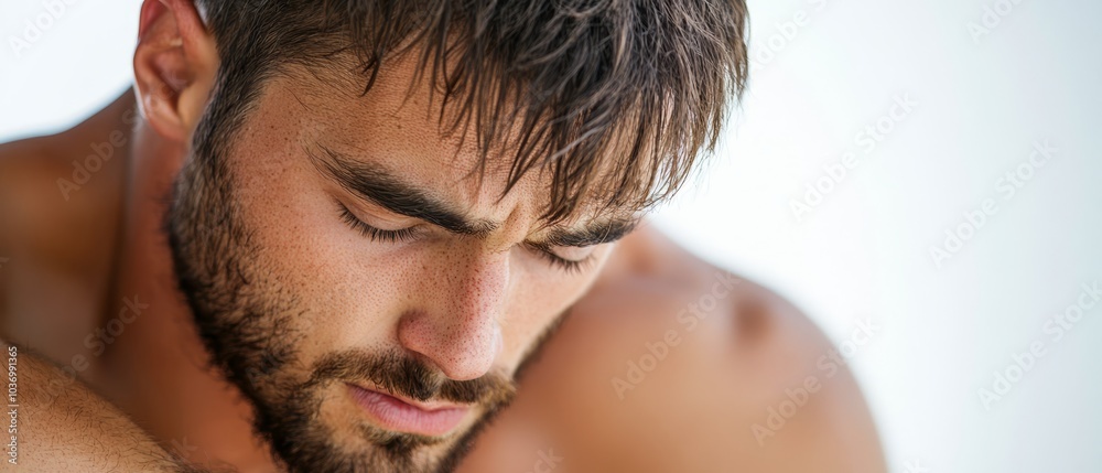 A tight shot of a bearded, shirtless man focusing on his cell phone A tight shot of a bearded, shirtless man focusing on his cell phone