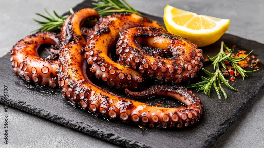 Delicious grilled octopus served with aromatic spices and fresh lemon on a stylish gray background, showcasing the essence of gourmet seafood, inviting culinary enthusiasts to explore exquisite dish Delicious grilled octopus served with aromatic spices and fresh lemon on a stylish gray background, showcasing the essence of gourmet seafood, inviting culinary enthusiasts to explore exquisite dish