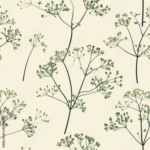 Vintage dill pattern on vintage beige fabric background, seamless repeating pattern, textile print style, minimal, dill design, seamless dill pattern, home decor, textiles 