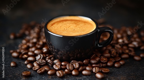 A cup of coffee inside a pile of coffee beans.