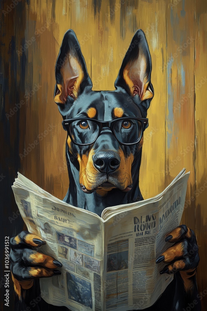 A doberman wearing glasses, sitting on an open toilet and reading a newspaper, with a detailed background in a cartoon style, resembling an oil painting
