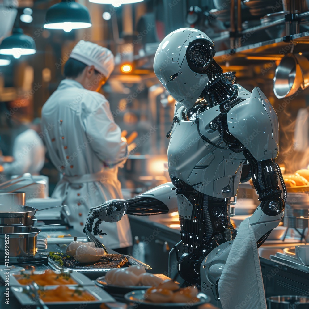 a robot in a kitchen preparing food a robot in a kitchen preparing food