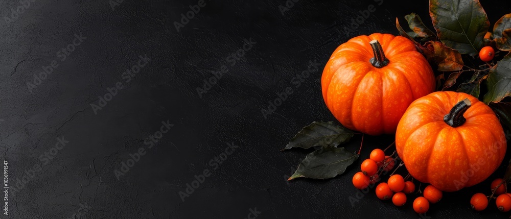 A few orange pumpkins atop a table, accompanied by a cluster of leaves and orange berries nearby A few orange pumpkins atop a table, accompanied by a cluster of leaves and orange berries nearby