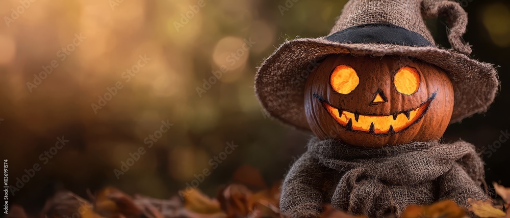 Naklejka premium A scarecrow, wearing a hat adorned with a pumpkin, sits amidst leaves against a vaguely defined backdrop