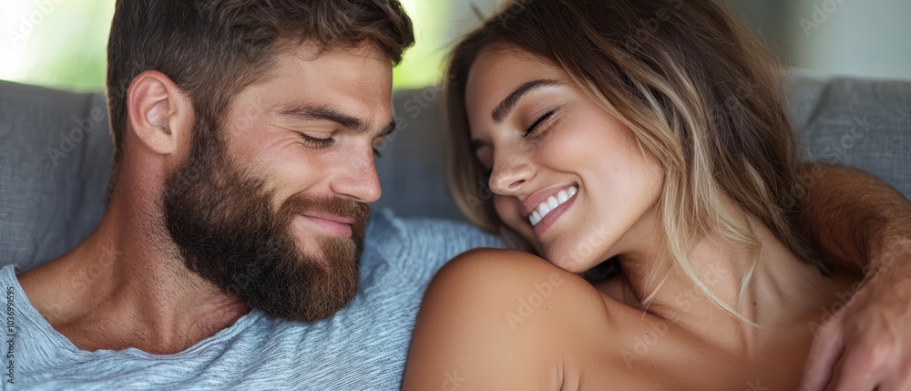 A tight shot of a man and a woman grinning at one another on a couch A tight shot of a man and a woman grinning at one another on a couch