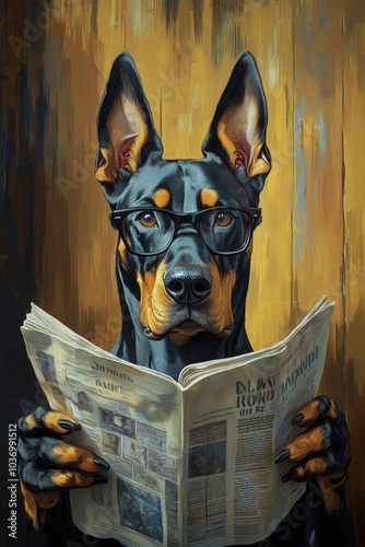 Obraz na płótnie A doberman wearing glasses, sitting on an open toilet and reading a newspaper, with a detailed background in a cartoon style, resembling an oil painting w salonie