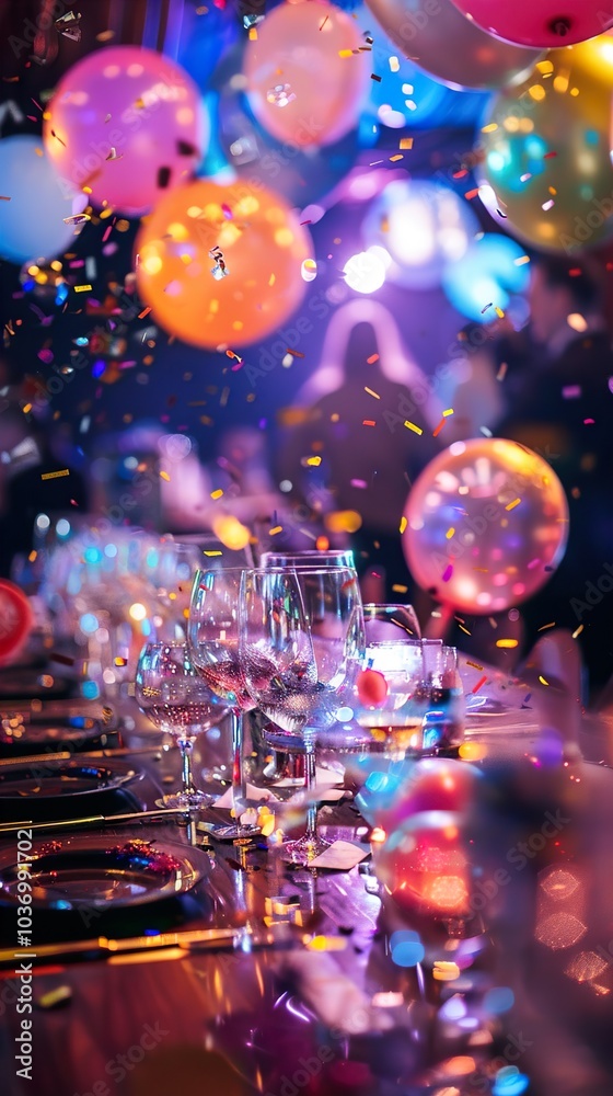 Festive Table Setting with Balloons and Confetti Festive Table Setting with Balloons and Confetti