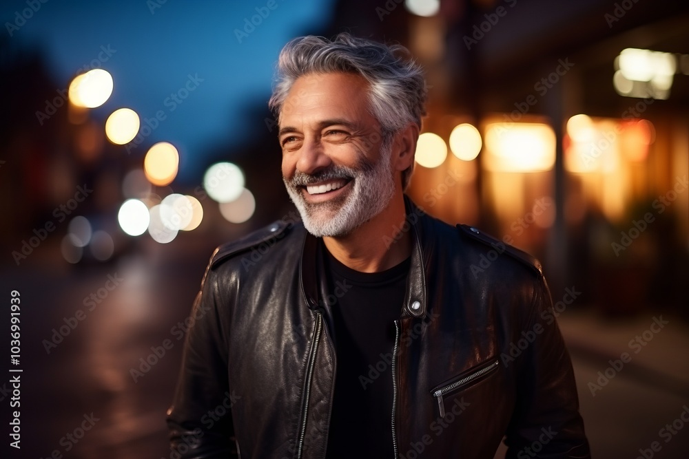 Portrait of a smiling senior man in the city at night. Portrait of a smiling senior man in the city at night.