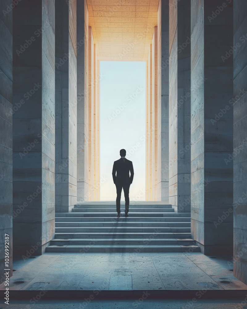 Businessman standing in front of the stairs and looking at them, journey towards success and growth, business start concept. MZ Businessman standing in front of the stairs and looking at them, journey towards success and growth, business start concept. MZ