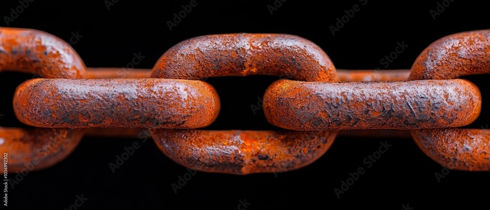 Up-close image of a rusted metal chain against a black backdrop, adorned with water droplets ..Or, for a more succ Up-close image of a rusted metal chain against a black backdrop, adorned with water droplets ..Or, for a more succ