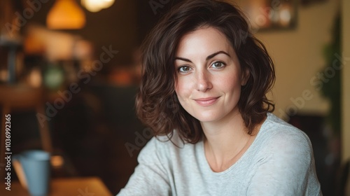 Warm and Inviting: A Portrait of a Young Woman with Curly Hair Radiating Confidence in a Cozy Café Setting