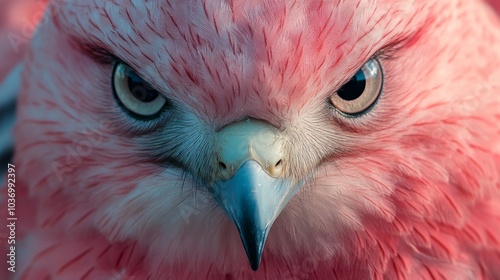 A pink hawk front view, close up eyes, taken with ektachrome hdr photo