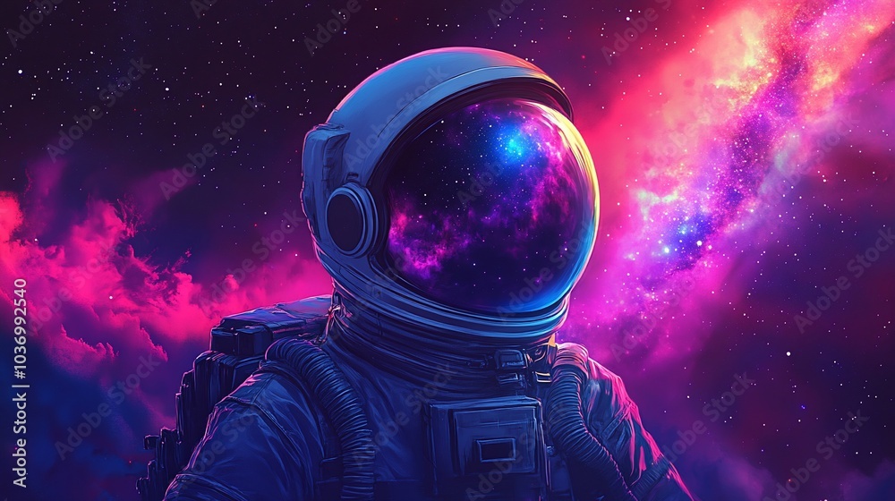Fototapeta premium An astronaut's helmet reflects a vibrant nebula against a backdrop of a starry night sky.