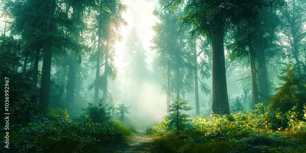 Obraz premium A forest with trees and a path