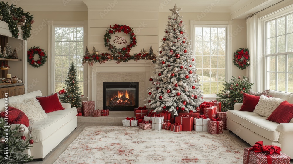 A white christmas tree decorated with red and silver ornaments, surrounded by presents under the fireplace in front of it