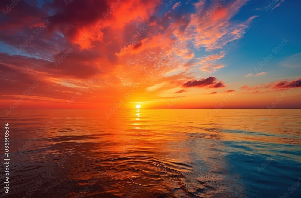 Obraz premium Sunset Over Calm Ocean with Dramatic Sky and Reflected Light