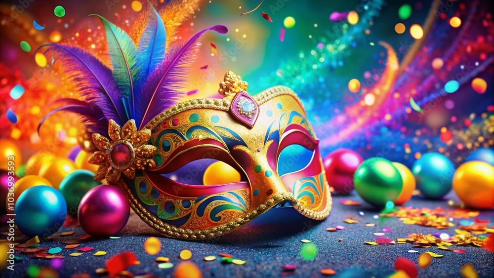 Vibrant carnival mask on bright colored background with confetti and balloons, surrounded by festive decorations, perfect for joyful celebration and party invitations designs. Vibrant carnival mask on bright colored background with confetti and balloons, surrounded by festive decorations, perfect for joyful celebration and party invitations designs.