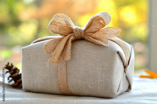 Gift Wrapped in Elegant Fabric with Natural Ribbon  photo