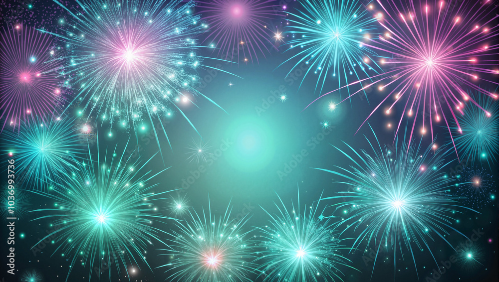 Teal and Pink Fireworks Against a Dark Night Sky Teal and Pink Fireworks Against a Dark Night Sky