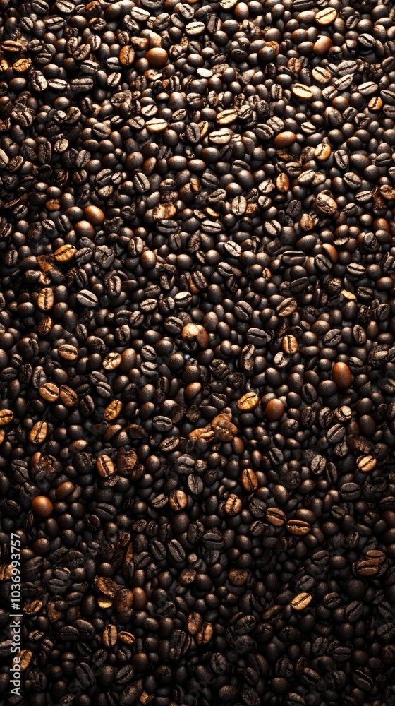 An overhead, photorealistic shot of a vast sea of coffee beans An overhead, photorealistic shot of a vast sea of coffee beans