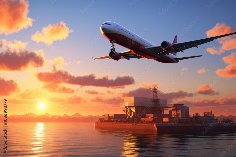 Fototapeta premium Airplane Flying Over a Ship at Sunset