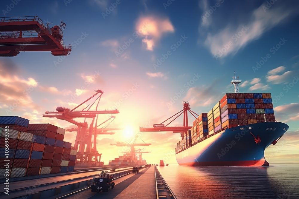 Naklejka premium Cargo Ship Docked at a Busy Port with Cranes and Containers at Sunset
