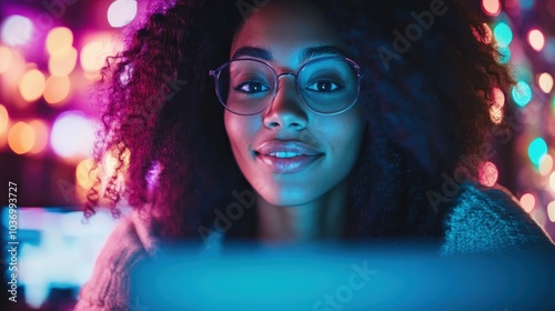 A woman with curly hair and glasses intently gazes at a glowing computer screen, surrounded by colorful lights in a cozy setting.