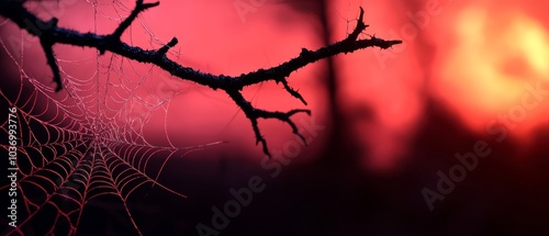  A red and black background houses a spider web suspended from a tree branch, with the sun casting distances