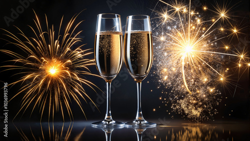 Two Champagne Glasses with Golden Fireworks Display 