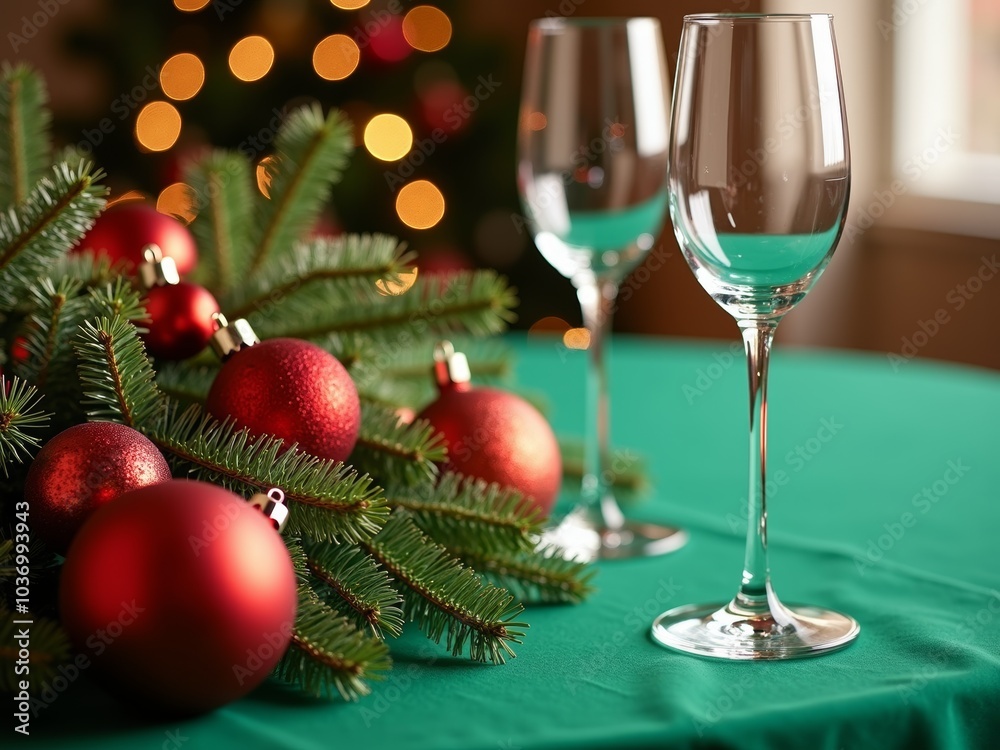Elegant holiday table setting with sparkling glassware and festive decorations in a cozy room Elegant holiday table setting with sparkling glassware and festive decorations in a cozy room
