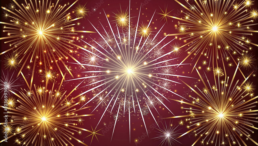 Fototapeta premium Golden Fireworks Bursting Against Red Background