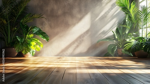 Obraz na płótnie Background for dance studio video tv show, wooden floot, natural light, plants w salonie