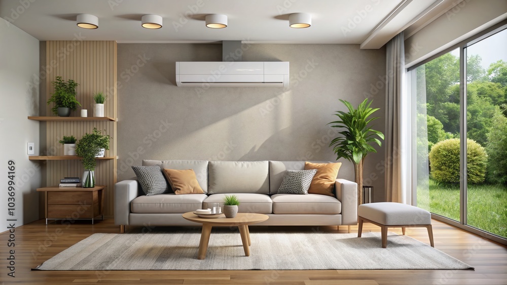 Fototapeta premium Serene atmosphere in a modern home setting: empty room with a neutral wall, an air conditioning unit, and comfortable couch cushions, evoking relaxation and tranquility.