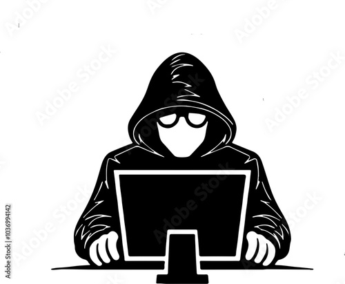 Cybersecurity Hacker Icon - Anonymous Hacker at Computer Vector Illustration