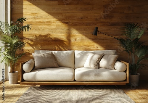 Beige sofa against a wooden wall with a lamp and plant in the modern interior of a living room, a mock-up for home decoration design. minimalist style