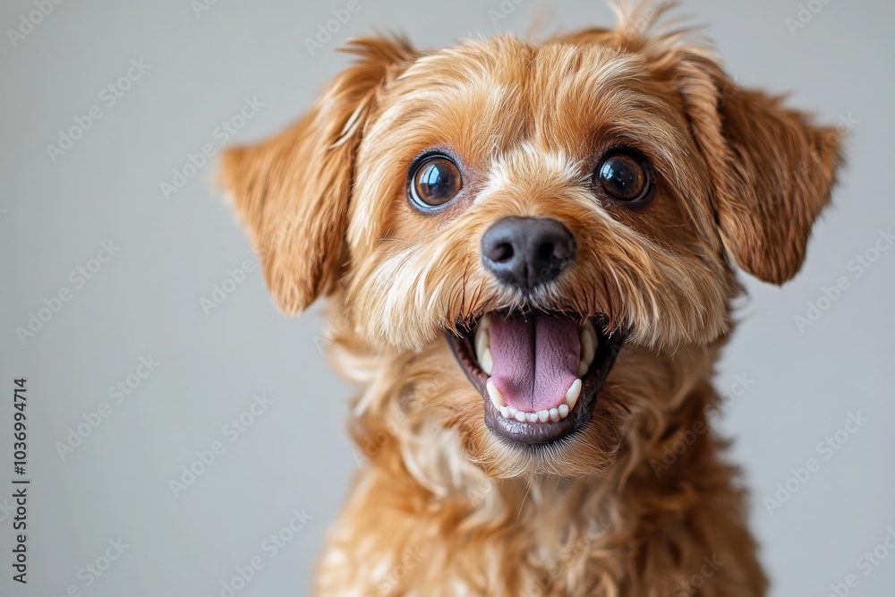 Close up of funny dog with open mouth and surprised expression isolated on white background, detailed photo