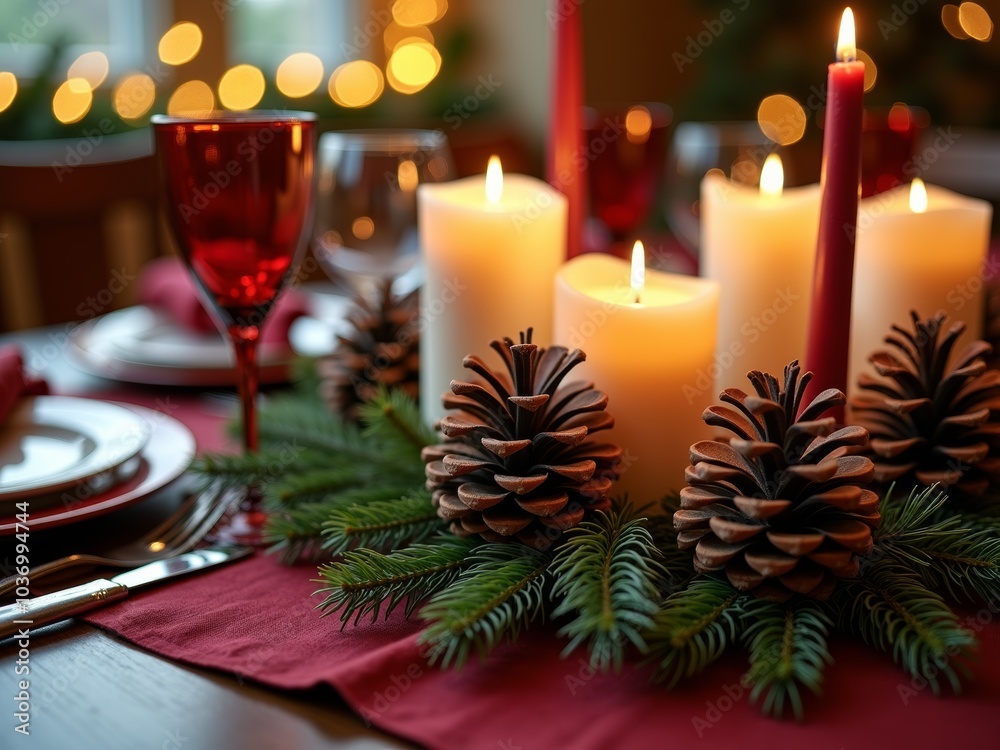 Elegant holiday dining setup with illuminated candles, pinecones, and festive decor during a cozy winter evening Elegant holiday dining setup with illuminated candles, pinecones, and festive decor during a cozy winter evening