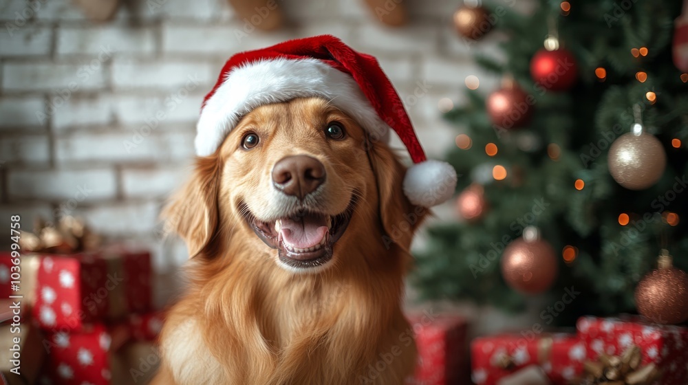 Close-up photo of a happy golden retriever dog wearing a santa hat, sitting near a christmas tree with presents. the background is a white brick wall. the lighting is natural Close-up photo of a happy golden retriever dog wearing a santa hat, sitting near a christmas tree with presents. the background is a white brick wall. the lighting is natural