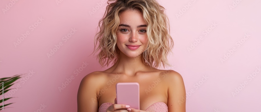 A woman in a bra, smiling at the camera while holding a cell phone in her right hand A woman in a bra, smiling at the camera while holding a cell phone in her right hand