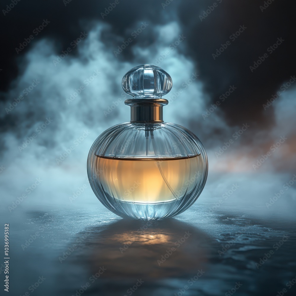 Refined Perfume Bottle on Luxurious Background with Swirling Smoke Refined Perfume Bottle on Luxurious Background with Swirling Smoke