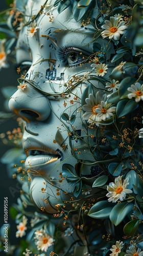 Surreal Woman Face with Flowers and Leaves - Digital Art